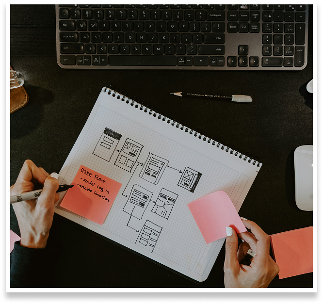 woman sketching web layouts on a sketchbook